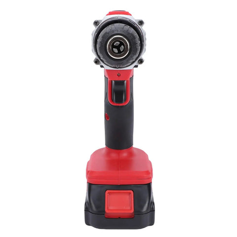 Rig Ready Dual Battery Cordless Drill Driver Kit With 25 Plus 1 Clutch Settings And 25 Newton Meter Torque For Heavy Duty Home Repairs And Weekend Warrior DIY Builds With US Plug, front view with keyless chuck.