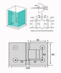Heavy Duty 180 Degree Shower Door Hinges For 8 To 12 mm Glass dimensions and installation guide illustration
