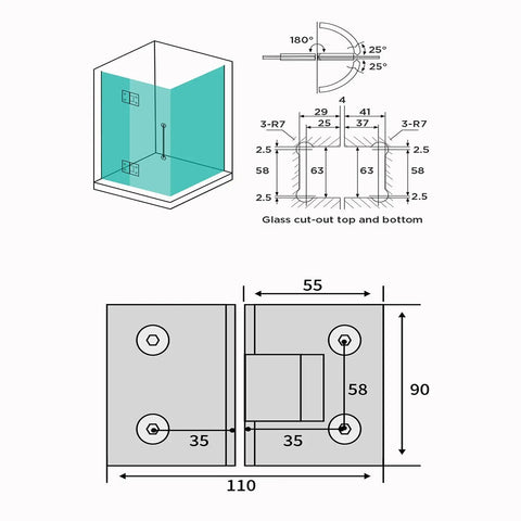 Heavy Duty 180 Degree Shower Door Hinges For 8 To 12 mm Glass dimensions and installation guide illustration