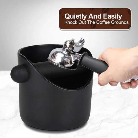 Hand using portafilter to knock grounds into Knock Box For Coffee Grounds 4.4 Inch With Removable Knock Bar And Non Slip Base