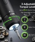 Slick Cordless Electric Screwdriver Kit With 21 Magnetic Bits And 2000mAh Rechargeable Battery Featuring Adjustable Torque high-speed motor and LED light showing adjustable torque settings.