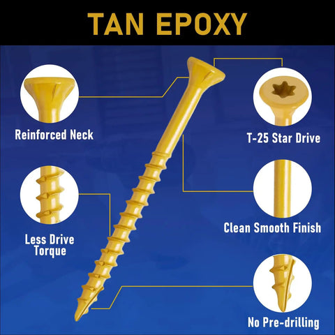 Deck Screws Number Eight By One And A Half Inch Three Hundred Fifty Pieces Exterior Wood Screws Epoxy Coated Rust Resistant Tan Decking Screws With Torx Drive T25 Bit Included For Treated Wood Fence And Outdoor Projects, tan epoxy coating, T-25 star drive, reinforced neck, and smooth finish.