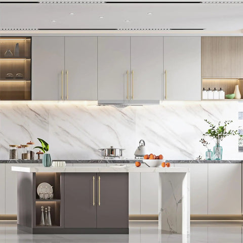 Modern kitchen featuring 10 Pack Brushed Gold Cabinet Pulls Heavy Duty Kitchen Drawer Handles for a trendy farmhouse upgrade.