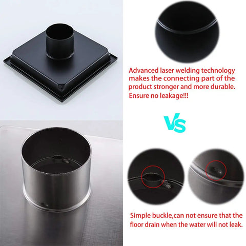 Refresh Your Shower Game With This Six Inch Square Floor Drain In Sleek Matte Black Featuring Burly 304 Stainless Steel Grid And Lightning Fast Two Inch High Flow Outlet Setup, shown top view and connection detail.