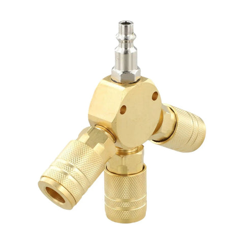 Three Way Brass Pneumatic Manifold With Quick Connect Brass Couplers For Seamless Air Lines In The Shop Or Garage Heavy Duty