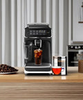 Straight Fire Fully Automatic Espresso Machine With LatteGo Milk Frother And Quick Rinse Brew Assembly For Lowkey Silky Drinks and Chill Daily Grind In Sleek Black, on a countertop with coffee beans and drinks.