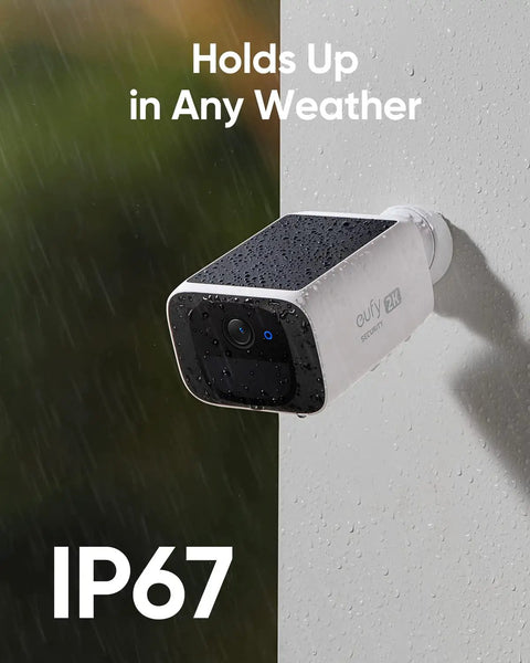 Solar Powered Outdoor Security Cam With 2K Resolution No Subscriptions Built In 8GB Storage Wireless Setup Continuous Power From Sun HomeBase 3 Compatible Ideal For Yard Driveway Gate Surveillance mounted on wall.