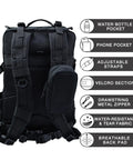 Back view of Tactical Backpack For Work And Outdoors, 40L Heavy Duty Rucksack With MOLLE, showing straps and features icons.
