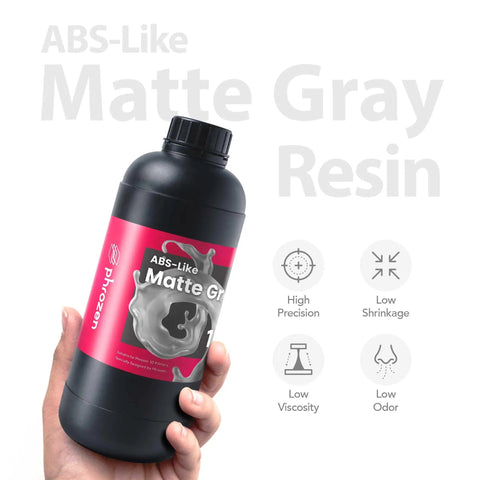 Top Shelf Abs Look Matte Gray Resin For 3D Printers Featuring Fast Uv Curing Photopolymer 1kg bottle held in hand.
