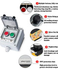 Emergency Stop Push Button Box IP65 22mm Momentary with red and green buttons, clear lid, and protective casing for machines.