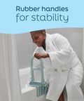Heavy Duty Clamp On Bathtub Grab Bar Featuring Snap Fit Solid Steel Mounting Design Built To Lock Onto Standard Tub Edges Measuring 2.75 To 6.25 Inches For Reliable Everyday Bathroom Safety with rubber handles for stability.