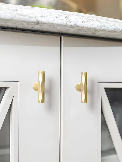 Brushed Gold Cabinet Knobs 10 Pack Hammered Brass Handles for cabinets, drawers, and cupboards installed on white kitchen doors