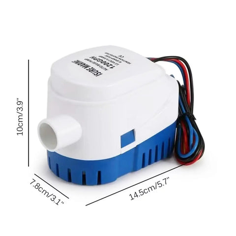 12V Submersible Bilge Pump For Boats With Built In Auto Float Switch 1200 GPH, white and blue body, side view with dimensions