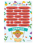Spanish language poster with common phrases, part of the 10 Language Saying Posters Set For Classroom Learning How To Say In Italian Arabic Korean Hindi Chinese French Spanish Japanese Russian German 12 By 18 Inches Made In USA.