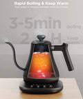 Smart Electric Kettle With WiFi And Alexa Control For Home Baristas Gooseneck Pour Over Kettle With Variable Temperature 1200W Quick Heat 0.8L Capacity One Hundred Percent Stainless Steel Matte Black on base showing boiling process