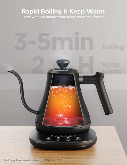 Smart Electric Kettle With WiFi And Alexa Control For Home Baristas Gooseneck Pour Over Kettle With Variable Temperature 1200W Quick Heat 0.8L Capacity One Hundred Percent Stainless Steel Matte Black on base showing boiling process