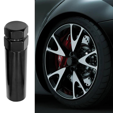 Beefy Three Quarter Drive Six Point Spline Lug Nut Socket And Wheel Lock Removal Key For Stuck Auto Nuts Crafted Tough As Nails On Rims With Rust Proof Chrome Moly Steel next to a stylish wheel with red brake calipers.