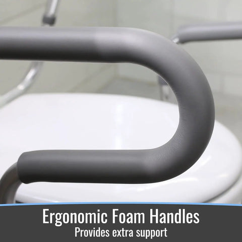 Close-up of ergonomic foam handles on Solid Adjustable Toilet Safety Rails For Seniors Offering Smooth Bailout Support With Non Slip Padded Arms Heavy Duty 300 LB Capacity Top Shelf Bathroom Assist Bars Commode Seat Frame.