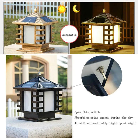 Vintage Solar Post Light For Outdoors Knockout Durability Rock Solid Weatherproof Led Garden Column Lantern with solar panels and automatic switch