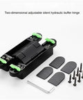Heavy Duty Hydraulic Buffer Door Hinges With Silent Adjustable Damping For Smooth Invisible Installation On Interior And Exterior Doors showing hinge with green clips and installation parts.
