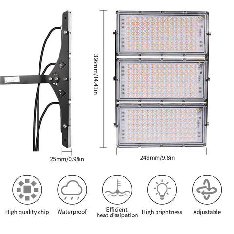 Killer Brightness 300W LED Work Lights Outdoor Flood Light Fixture IP66 Waterproof showing three panels with adjustable beams.
