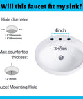 Diagram showing measurements for 4 Inch Centerset Vanity Sink Faucet With Dual Handle Waterfall Spout Three Hole Basin Mixer Dope Matte Black Finish With Overflow Pop Up Drain Easy Install Bathroom Tap For Modern Bathrooms installation compatibility.