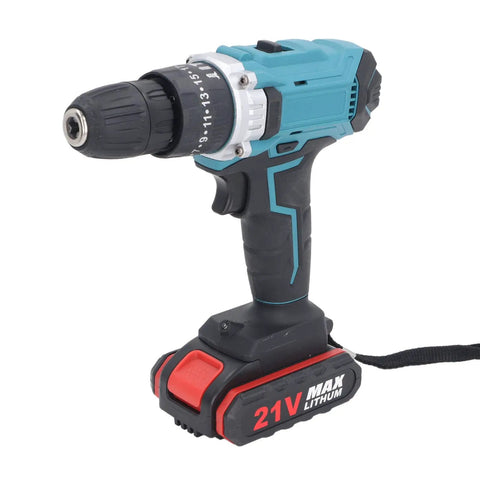 Heavy Duty Cordless Electric Drill Kit With Two 21V Lithium Batteries And Quick Swap Chuck view showing ergonomic handle and adjustable chuck.