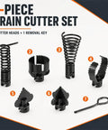 7-Piece Drain Cutter Set showing 6 cutter heads and 1 removal key for clearing blockages in drain pipes.