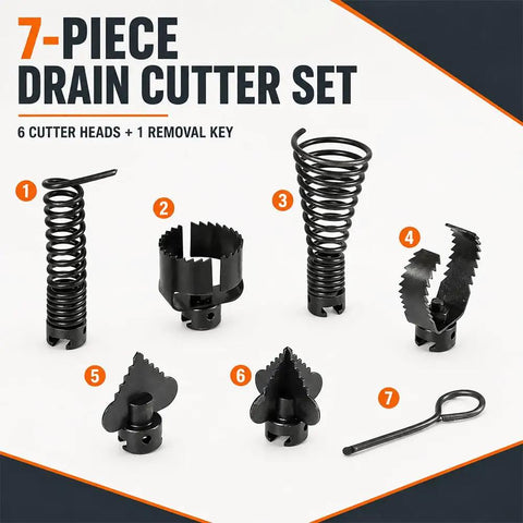 7-Piece Drain Clog Cutter Head Replacement For K 1500B Sewer Snake Systems with steel blades and removal key.