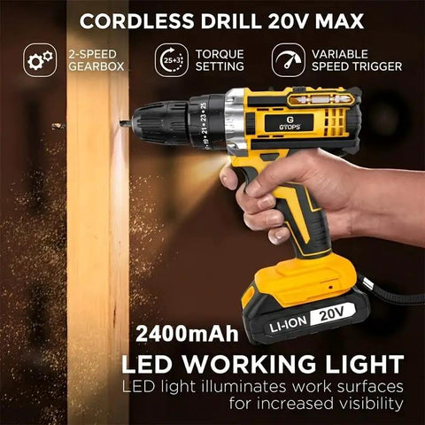 20V Cordless Drill And Screwdriver Combo Kit With Battery Charger, 2400mAh, LED light, hand-held use for wood and metal.