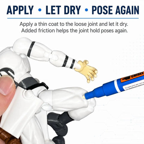 Action Figure Joint Reinforcement Glue Pen applying to a white articulated figure's elbow joint for tightening.