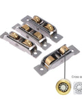 Top Shelf Stainless Steel Sliding Door And Window Double Wheel Pulley Rollers Heavy Duty Flat Groove Track Replacement Parts, showcasing rollers with brass wheels.