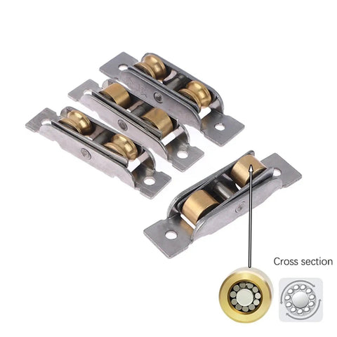 Slick Stainless Steel Sliding Door Rollers Double Wheel Groove Pulley Track Hardware Kickass Durability For Window Slider Replacement Bottom Support Carriage No Brainer Swap, featuring four stainless wheels with brass inserts.