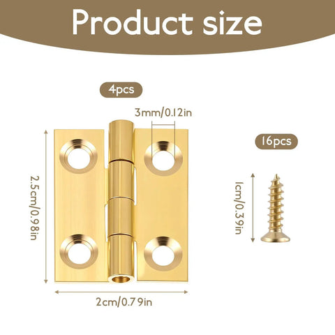 Four Pack Solid Brass Mini Folding Butt Hinges For Cabinets And Drawers Doors Jewelry Boxes And Wood Chests 1 Inch 25x22mm Rust Resistant Tiny Hinge Set For Furniture shown with screw dimensions