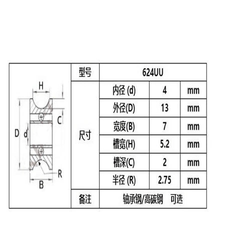 Technical dimensions chart for Tough As Nails Bearing Steel Deep Groove Ball Bearing For Bulletproof Guide Rail U And V Groove Pulley System 624Uu 4By13By7 mm.