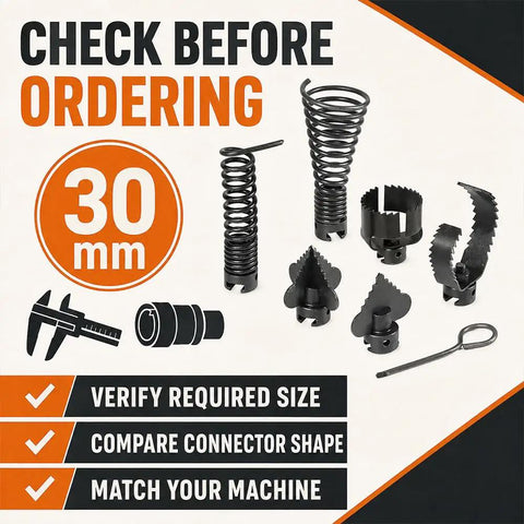 Badass Seven Piece Drain Cleaning Cutter Head Kit Featuring Thick Steel Coils And Notched Cutters Built To Crush Stubborn Clogs On Any Standard Thirty Millimeter Sectional Cable Pipe Snake Tool with various cutter heads