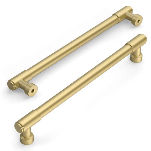 Top Shelf 10 Pack Brushed Gold Cabinet Pulls With 10 Inch Hole Center For Kitchen And Bathroom Slick Modern Drawer Handles Easy Install Heavy Duty Home Upgrade - Brushed gold drawer pulls on a white background.