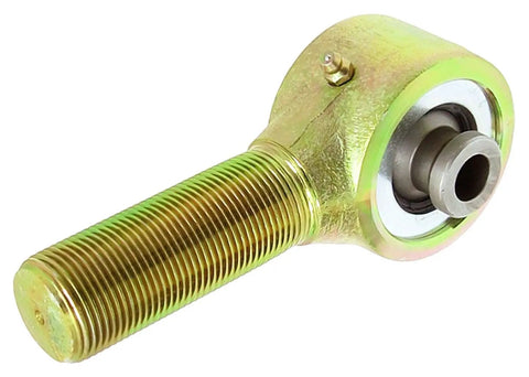 Badass 2 1/2 Inch Narrow Forged Johnny Joint Rod End For Custom Whip Building And Tight Suspension Tuning Setup With 2 625 By 562 Ball And 1 1/4 12 RH Thread Shank Upgrade close-up showing gold zinc coating and threaded shank.