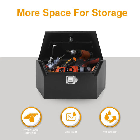 Heavy Duty Steel Thirty Six Inch Trailer Tongue Tool Box With Reinforced Lid showing tools inside, waterproof and anti-rust design.
