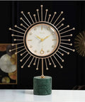 Modern Marble Desktop Clock With 18K Gold Plated Frame Super Quiet Battery Sweep Movement Large Crisp Dial on green marble base.