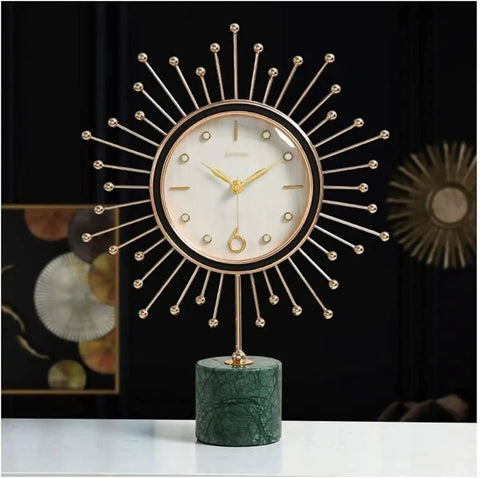 Modern Marble Desktop Clock With 18K Gold Plated Frame Super Quiet Battery Sweep Movement Large Crisp Dial on green marble base.