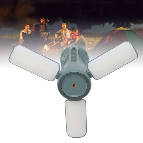 Foldable Camping Light With 10000mAh Rechargeable Battery and three light bars, shown against a camping scene