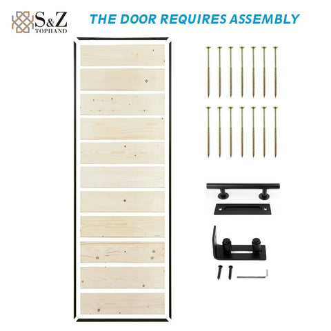 Rock Solid 28 By 84 Inch Sea Blue Natural Spruce Barn Door With Top Tier Five Foot Stainless Steel Sliding Track Hardware Kit showing unassembled parts.