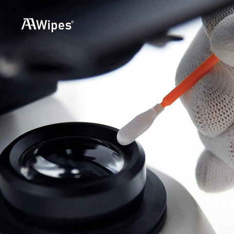 AAwipes microfiber cleaning swab with orange handle cleaning a camera lens
