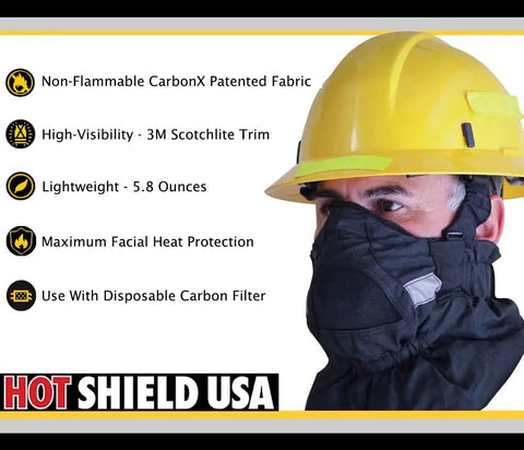 Firefighter wearing HS-2 heat shield for face and neck burn protection in black, showcasing features and material details.