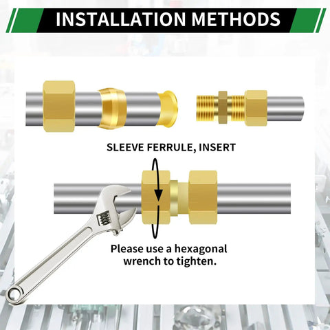 Installation diagram for Brass Compression Sleeve Ferrule Kit 280Pcs Six Sizes 1/2 To 1/8 Inch Assortment with nuts and fittings.