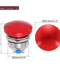 Heavy Duty Red Mushroom Head Push Button Switch 22mm 7 8 Inch in metal shell with dimensions and 3A current rating.