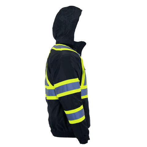Side view of High Visibility Reflective Bomber Jacket With X-Back Design Waterproof Insulated Workwear Durable ANSI ISEA 107 Class 3