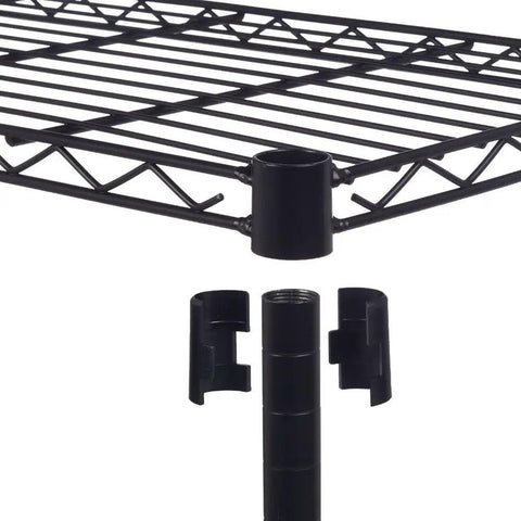 Heavy Duty Hella Sturdy Four Tier Metal Wire Shelving Unit With Adjustable Shelf Levels showing black steel shelf and connector for easy setup.