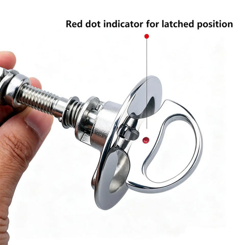 Rock Solid 316 Stainless Steel Marine Cam Hatch Latches With Smooth Flush Pull Handles, showing red dot indicator for latched position.